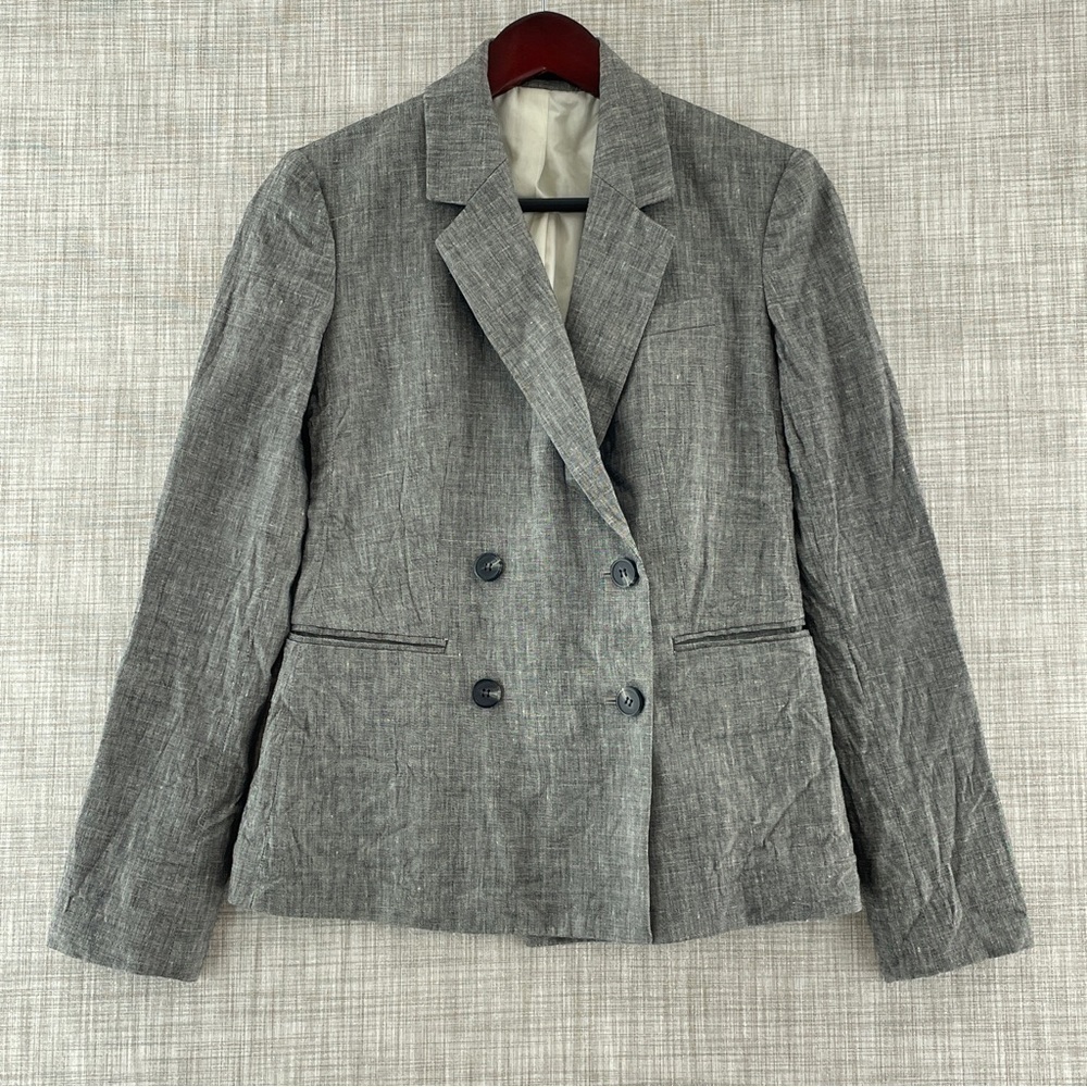 Theory Gray Linen Blend Blazer Shoulder Padding Button Front Women's 2 8356/1